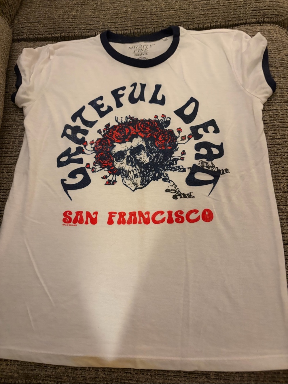 Mighty Fine White Ringer Tee with Navy and Red Grateful Dead Graphic